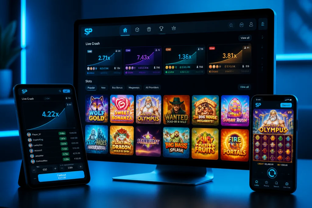 Spiellobby auf dem Desktop mit nebeneinander angeordneten Crash-Spielen und Slot-Kacheln