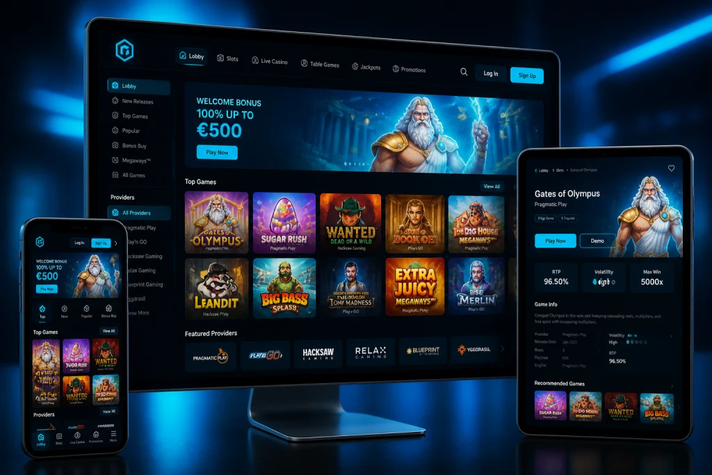 Spiellobby auf dem Desktop mit Slot-Kacheln verschiedener Studios und sichtbaren Spielinfos