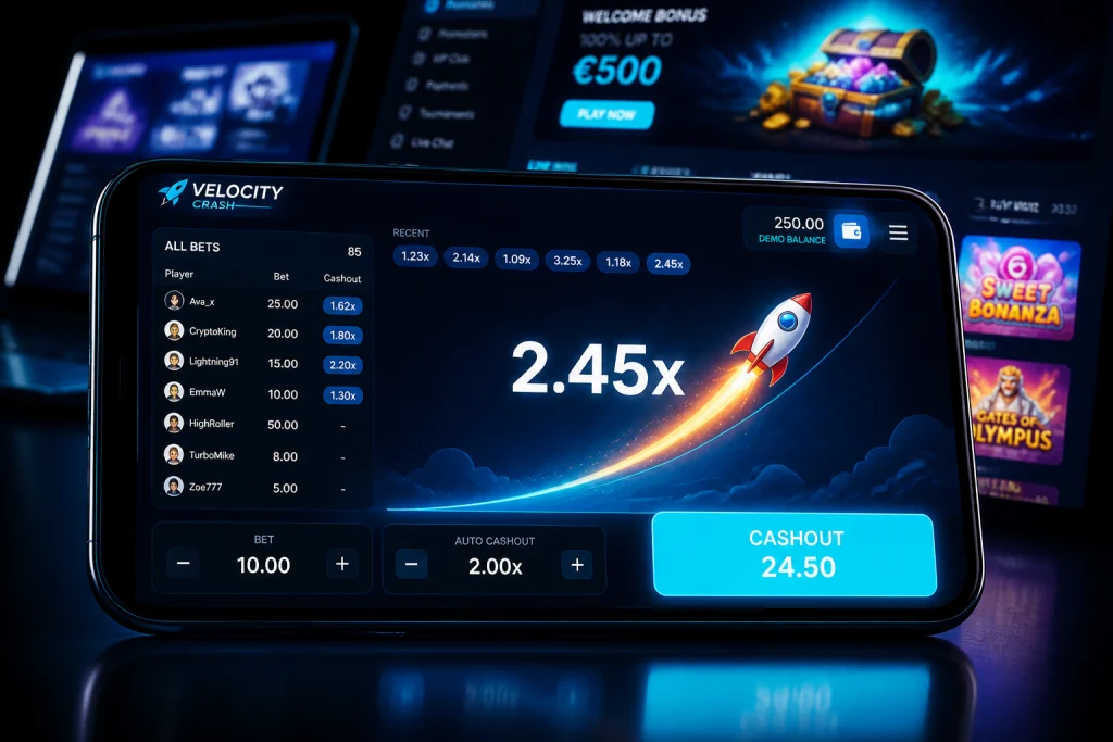 Crash-Game mit steigendem Multiplikator und Cashout-Button auf dem Bildschirm eines Online-Casinos